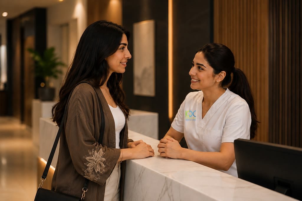 مريض يحجز زيارة لطب الأسنان في استقبال العيادة